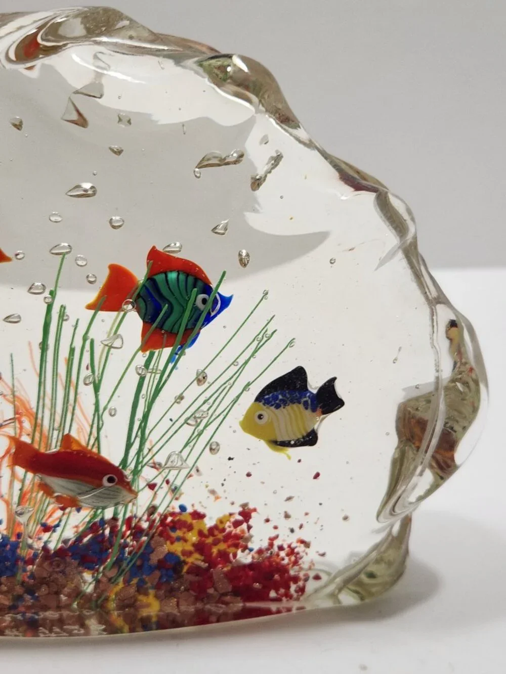 Vintage Signed Murano Glass Aquarium 6-Fish Sculpture Wave Molded Label #7726